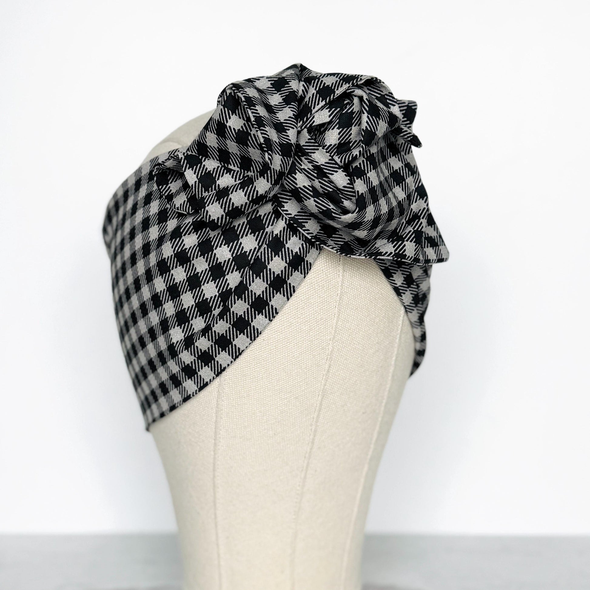 Extra Wide Adjustable Wire Headband, Black Grey Plaid Print, Boho Wired Headband, Fabric Head Wrap, Turban, Gift for Her, Bendable Scarf