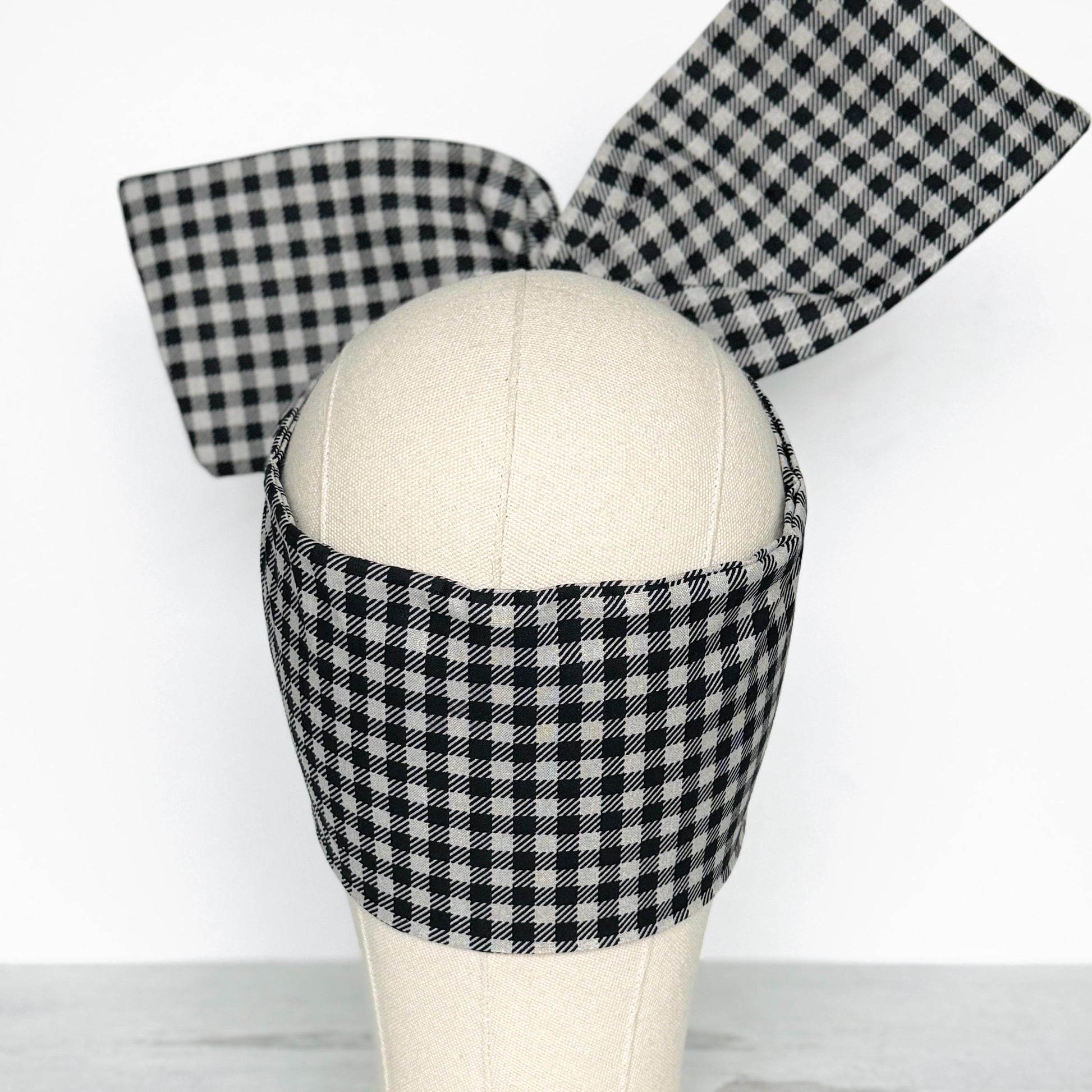 Extra Wide Adjustable Wire Headband, Black Grey Plaid Print, Boho Wired Headband, Fabric Head Wrap, Turban, Gift for Her, Bendable Scarf