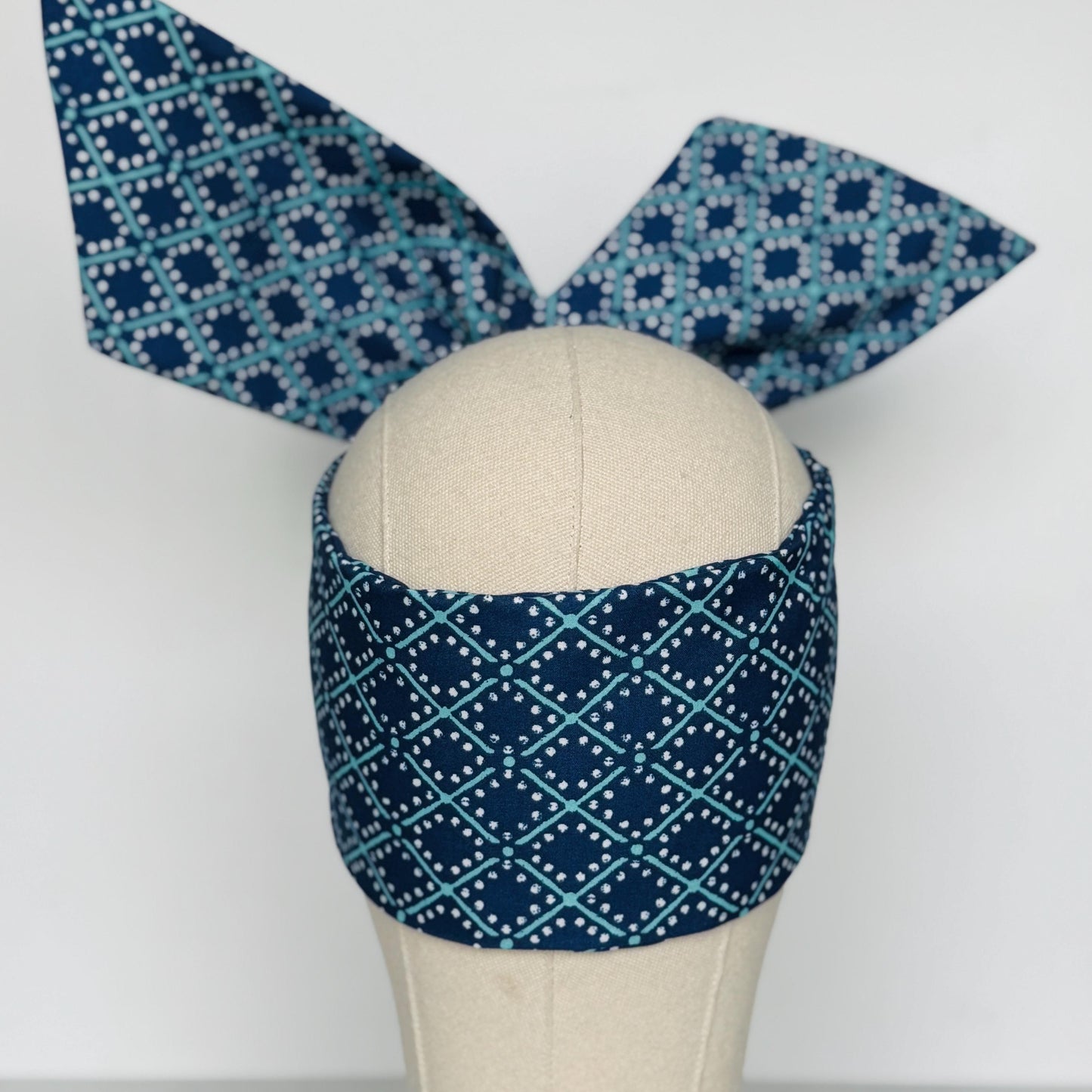 Extra Wide Adjustable Wire Headband, Blue Teal Geometric Print, Boho Wired Headband, Fabric Head Wrap, Turban, Gift for Her, Bendable Scarf