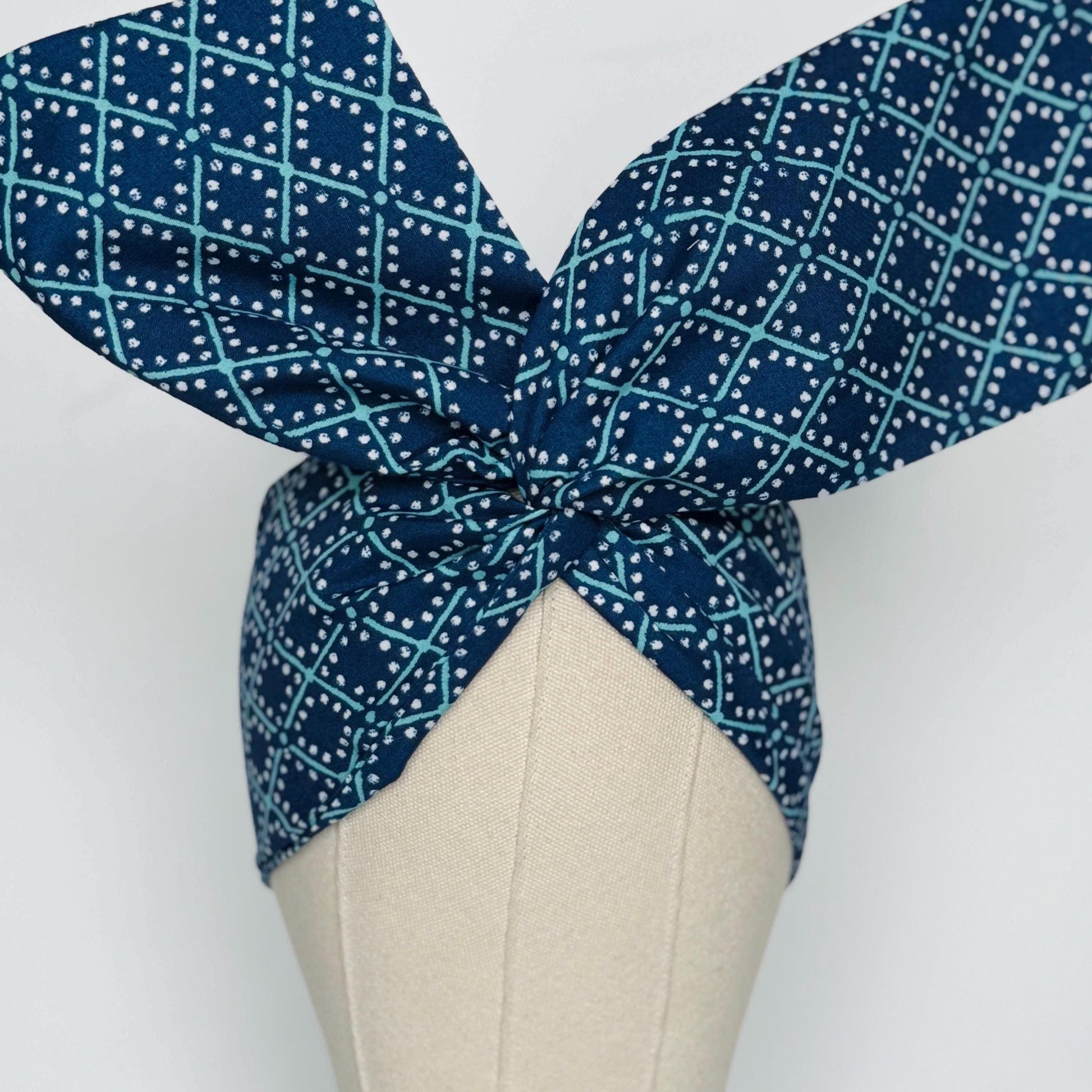 Extra Wide Adjustable Wire Headband, Blue Teal Geometric Print, Boho Wired Headband, Fabric Head Wrap, Turban, Gift for Her, Bendable Scarf