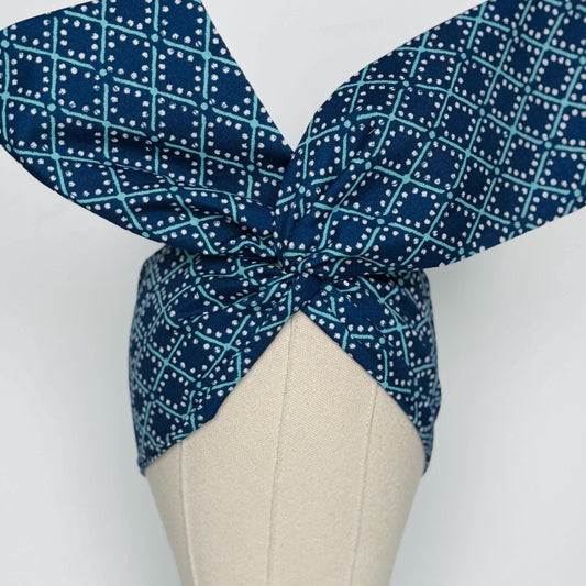 Extra Wide Adjustable Wire Headband, Blue Teal Geometric Print, Boho Wired Headband, Fabric Head Wrap, Turban, Gift for Her, Bendable Scarf