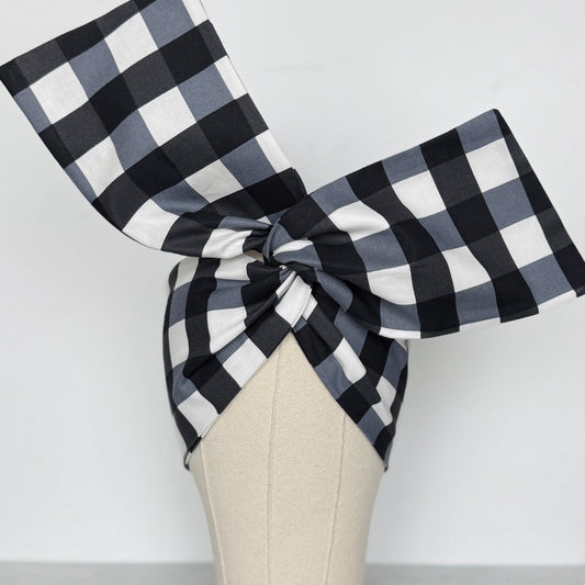 Extra Wide Adjustable Wire Headband, Black White Buffalo Plaid Print, Boho Wired Headband, Fabric Head Wrap, Turban, Bendable Scarf
