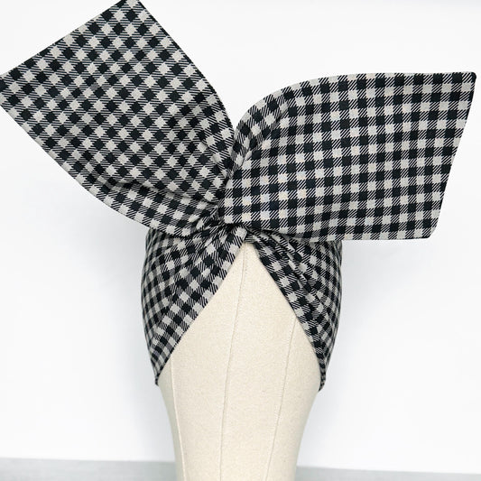 Extra Wide Adjustable Wire Headband, Black Grey Plaid Print, Boho Wired Headband, Fabric Head Wrap, Turban, Gift for Her, Bendable Scarf