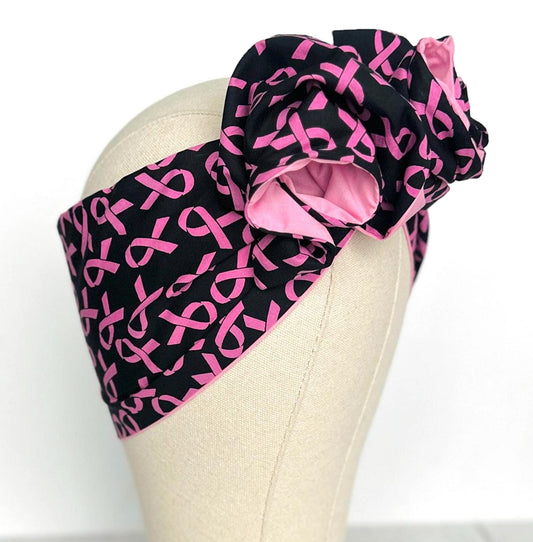 Extra Long Wide BENDABLE Reversible Wire Headband, Breast Cancer Pink Ribbon Batik Print, Wired Head Wrap Turban, Accessories For Women