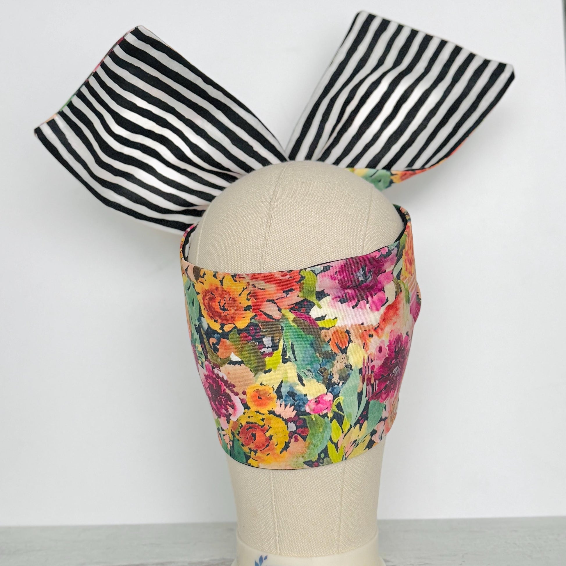 Extra Wide Reversible Adjustable Wire Wrap, Fall Multicolored Floral Striped Print Wired Headband, Fabric Head Wrap, Bandana Accessories