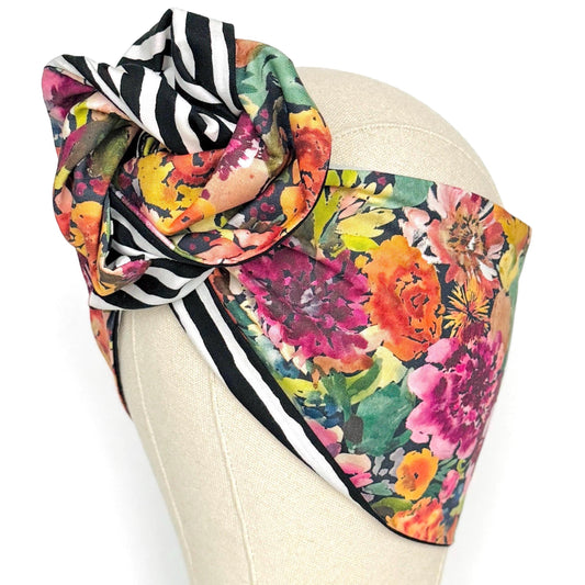 Extra Wide Reversible Adjustable Wire Wrap, Fall Multicolored Floral Striped Print Wired Headband, Fabric Head Wrap, Bandana Accessories