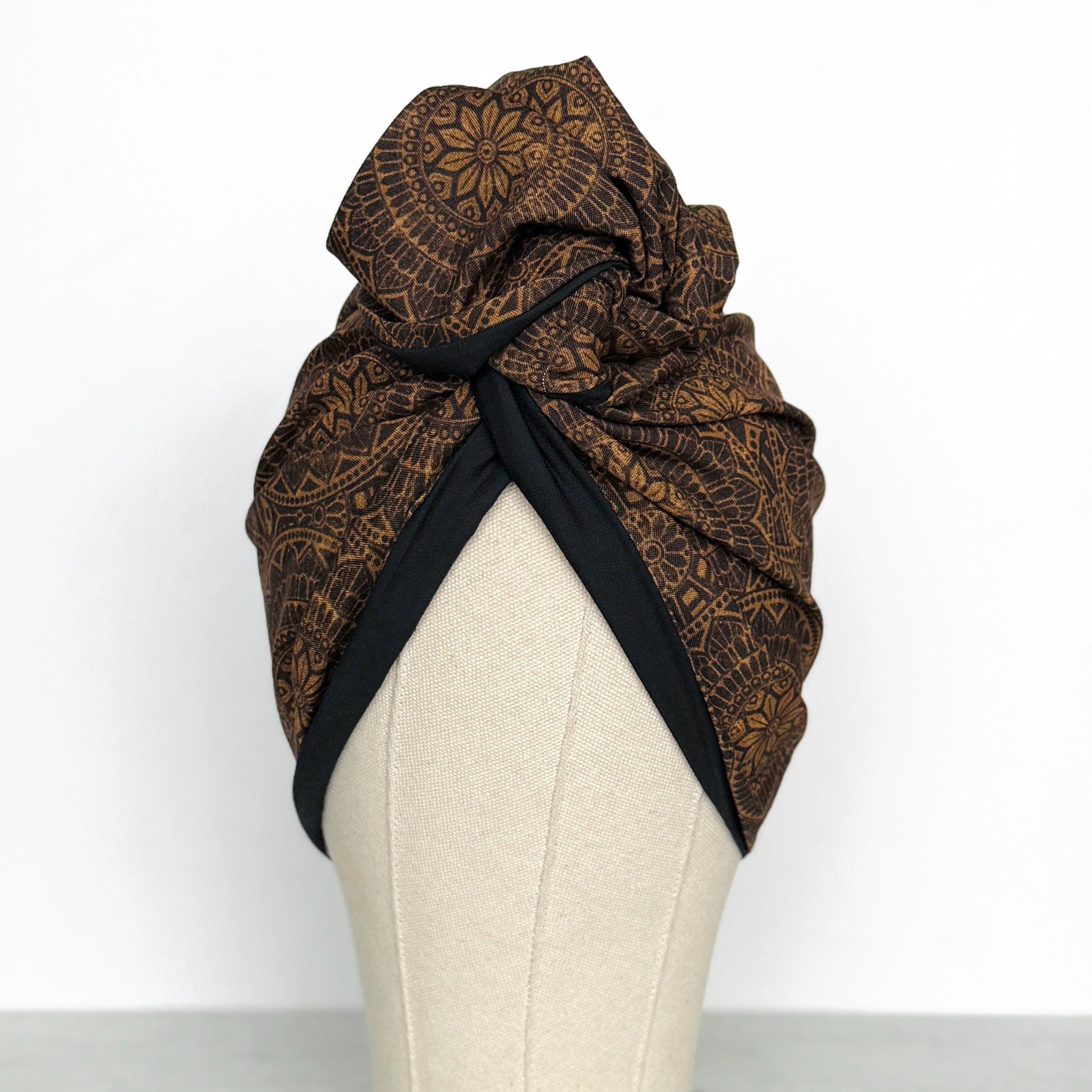 Full Turban Reversible Wire Headband, Extra Wide Black Tan Tribal Print Wired Headband, Fabric Head Wrap, Afro Boho Accessories
