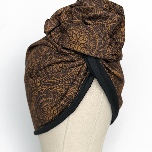 Full Turban Reversible Wire Headband, Extra Wide Black Tan Tribal Print Wired Headband, Fabric Head Wrap, Afro Boho Accessories