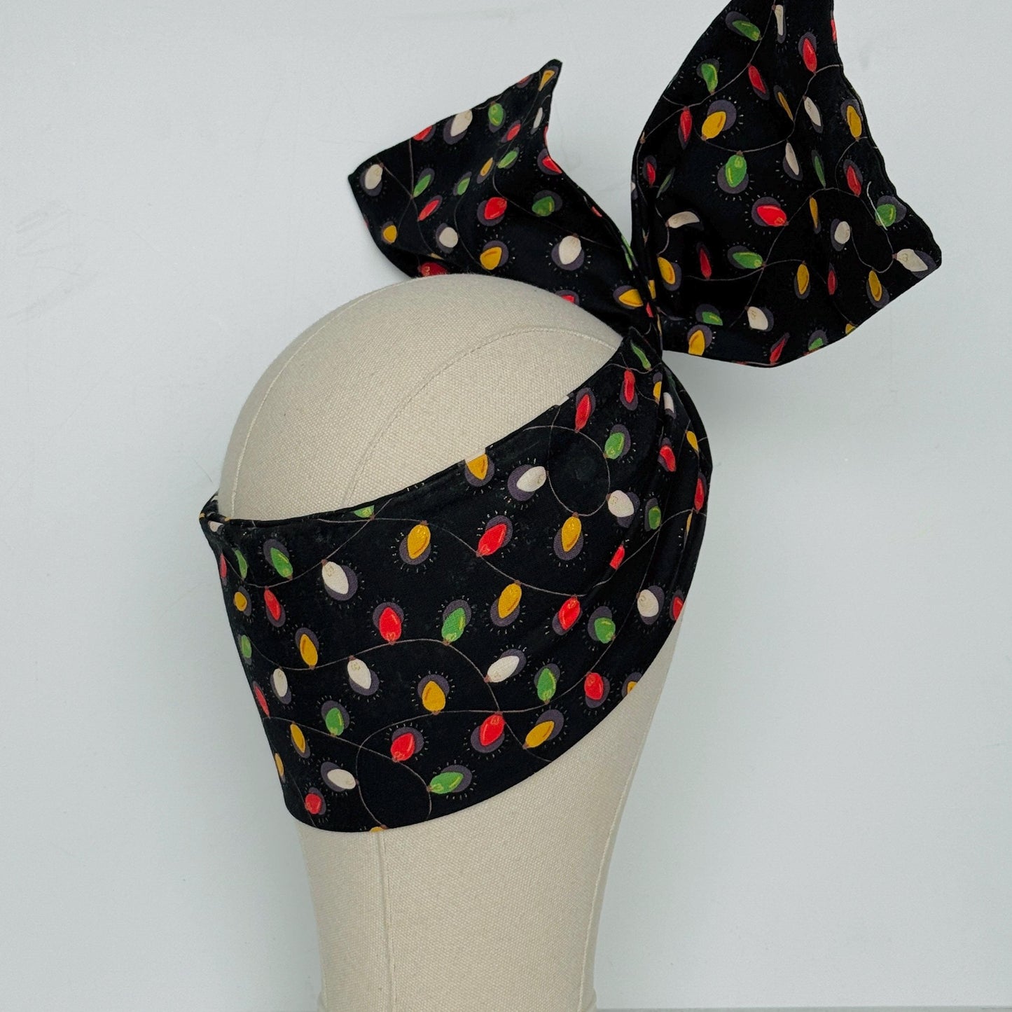 Extra Wide Adjustable Wire Headband, Black Colorful Christmas Light Print, Boho Wired Headband, Fabric Head Wrap, Turban, Bendable Scarf