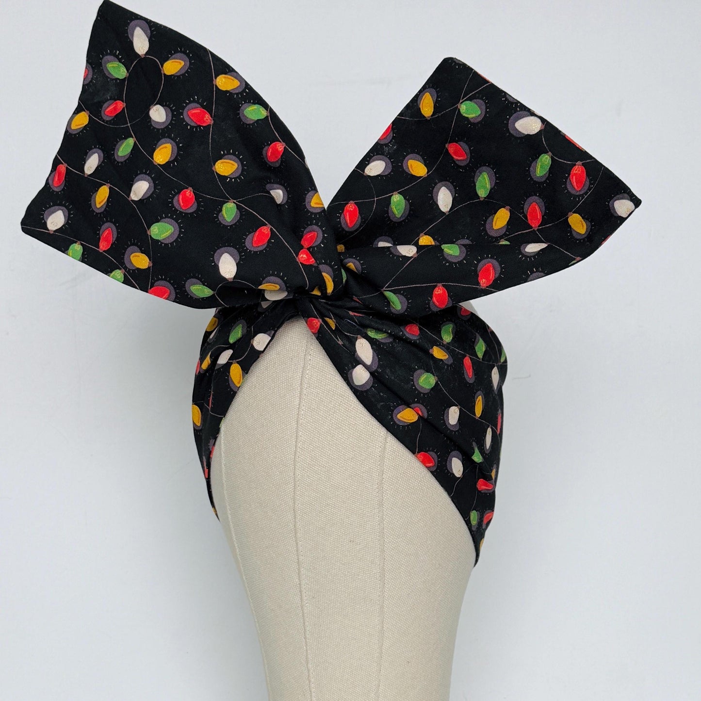 Extra Wide Adjustable Wire Headband, Black Colorful Christmas Light Print, Boho Wired Headband, Fabric Head Wrap, Turban, Bendable Scarf