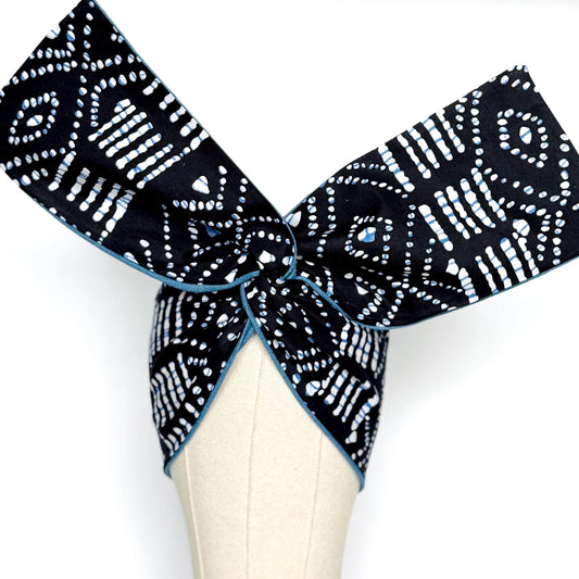 Extra Wide Reversible BENDABLE Wire Headband, Denim Black White Shibori Print Wired Head Wrap, Turban Accessories, Head Scarf Bandana