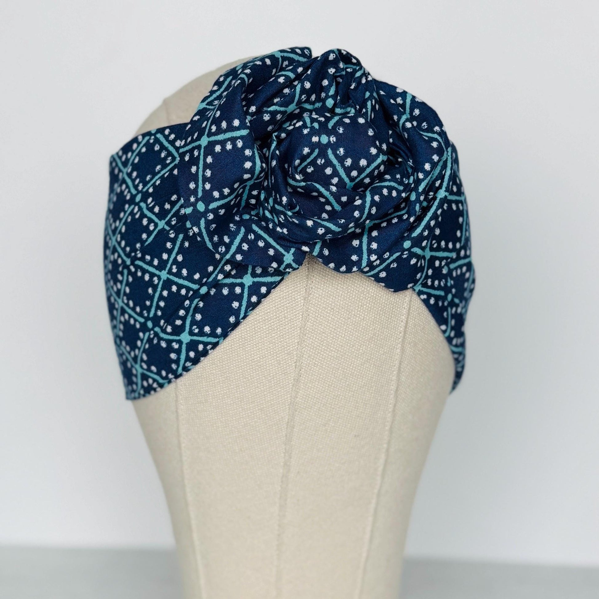 Extra Wide Adjustable Wire Headband, Blue Teal Geometric Print, Boho Wired Headband, Fabric Head Wrap, Turban, Gift for Her, Bendable Scarf