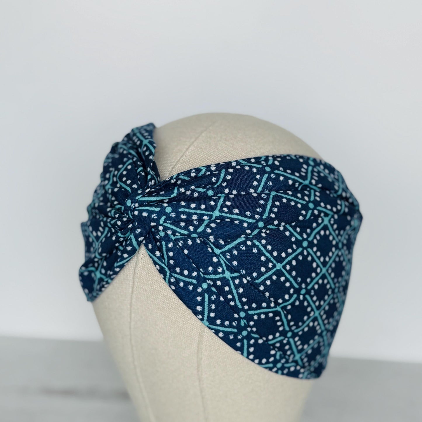 Extra Wide Adjustable Wire Headband, Blue Teal Geometric Print, Boho Wired Headband, Fabric Head Wrap, Turban, Gift for Her, Bendable Scarf