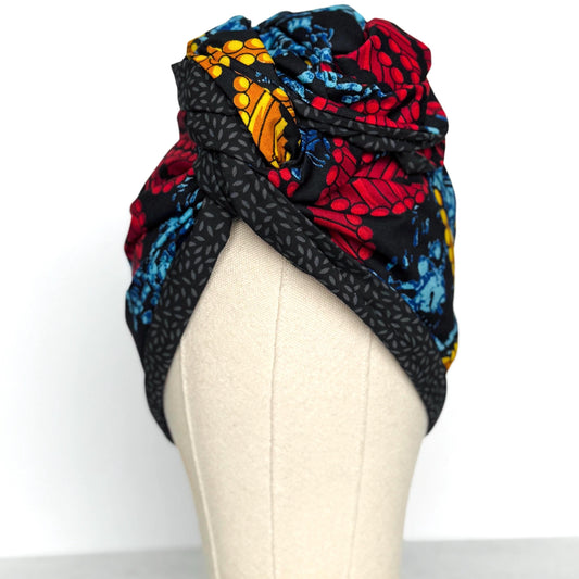 Full Turban Wire Headband, Reversible Extra Wide Red Black African Ankara Print Wired Headband, Fabric Head Wrap, Afro Boho Accessories