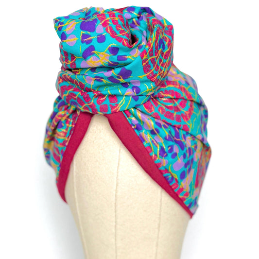 Full Turban Wire Headband, Reversible Extra Wide Teal Magenta African Ankara Print Wired Headband, Fabric Head Wrap, Afro Boho Accessories