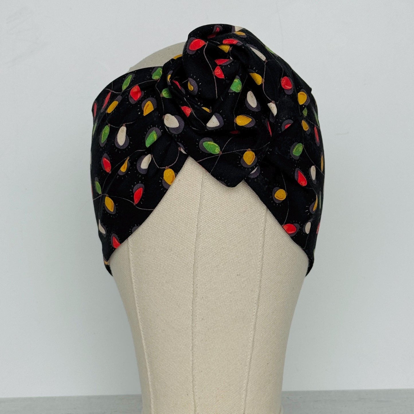 Extra Wide Adjustable Wire Headband, Black Colorful Christmas Light Print, Boho Wired Headband, Fabric Head Wrap, Turban, Bendable Scarf