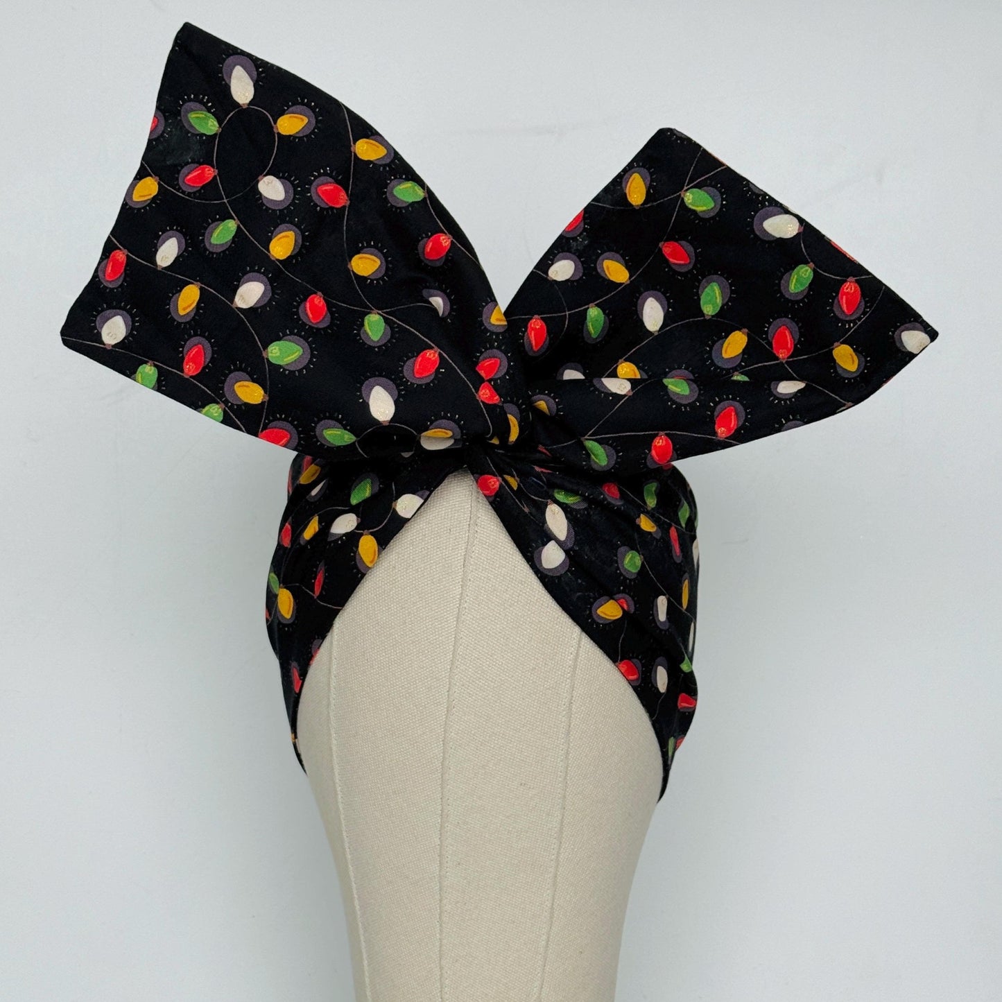 Extra Wide Adjustable Wire Headband, Black Colorful Christmas Light Print, Boho Wired Headband, Fabric Head Wrap, Turban, Bendable Scarf