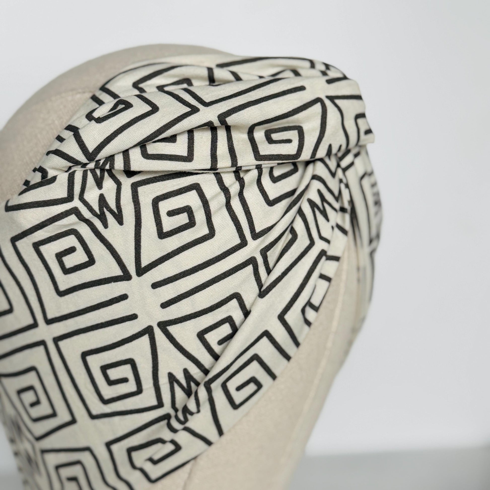 Extra Wide Adjustable Wire Headband, Off White Black Tribal Print, Boho Wired Headband, Fabric Head Wrap, Turban, Gift idea, Bendable Scarf