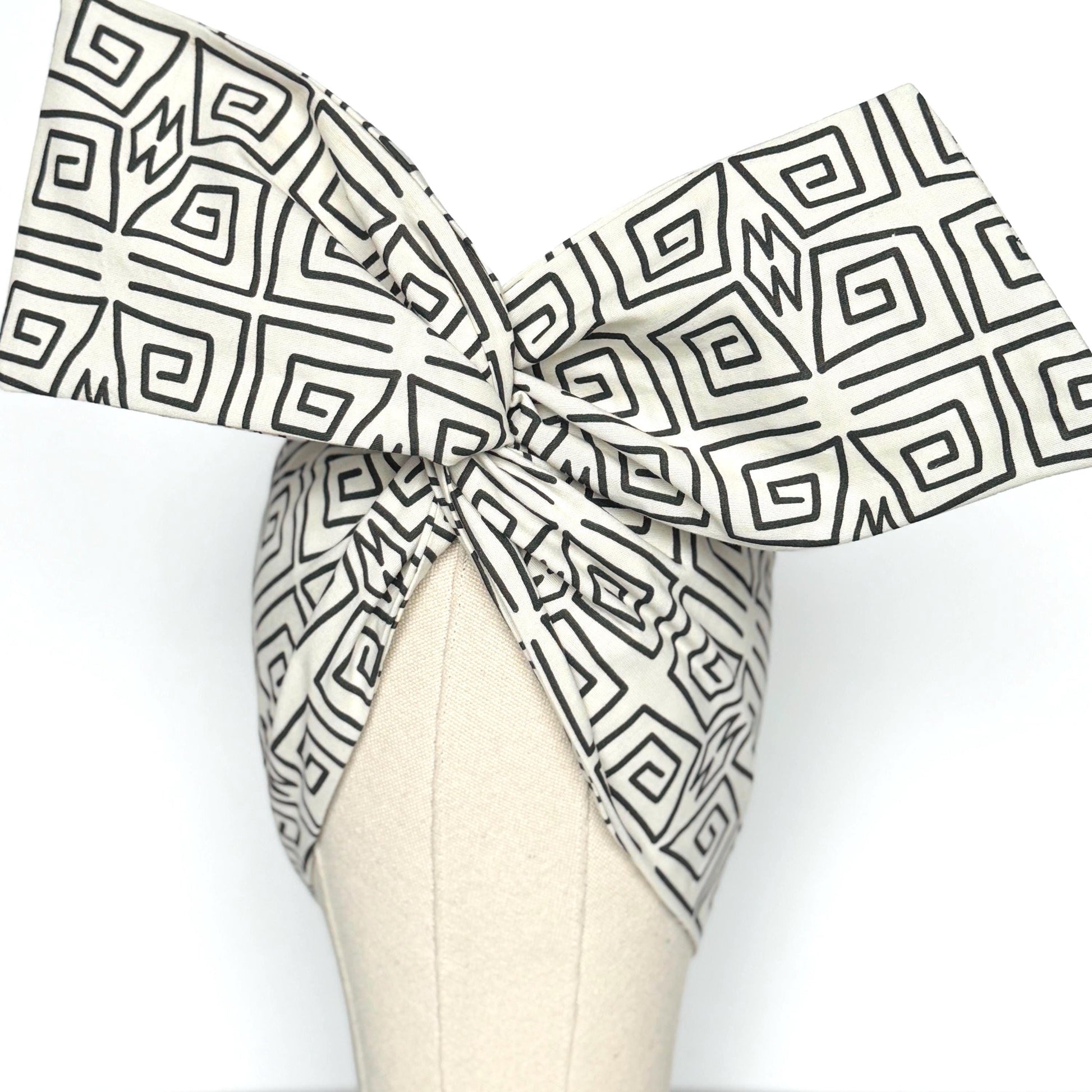 Extra Wide Adjustable Wire Headband, Off White Black Tribal Print, Boho Wired Headband, Fabric Head Wrap, Turban, Gift idea, Bendable Scarf