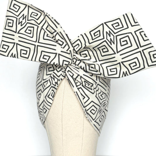 Extra Wide Adjustable Wire Headband, Off White Black Tribal Print, Boho Wired Headband, Fabric Head Wrap, Turban, Gift idea, Bendable Scarf