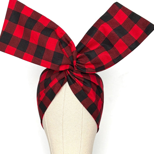Extra Wide Adjustable Wire Headband, Red Black Buffalo Plaid Print, Boho Wired Headband, Fabric Head Wrap, Turban, Bendable Scarf