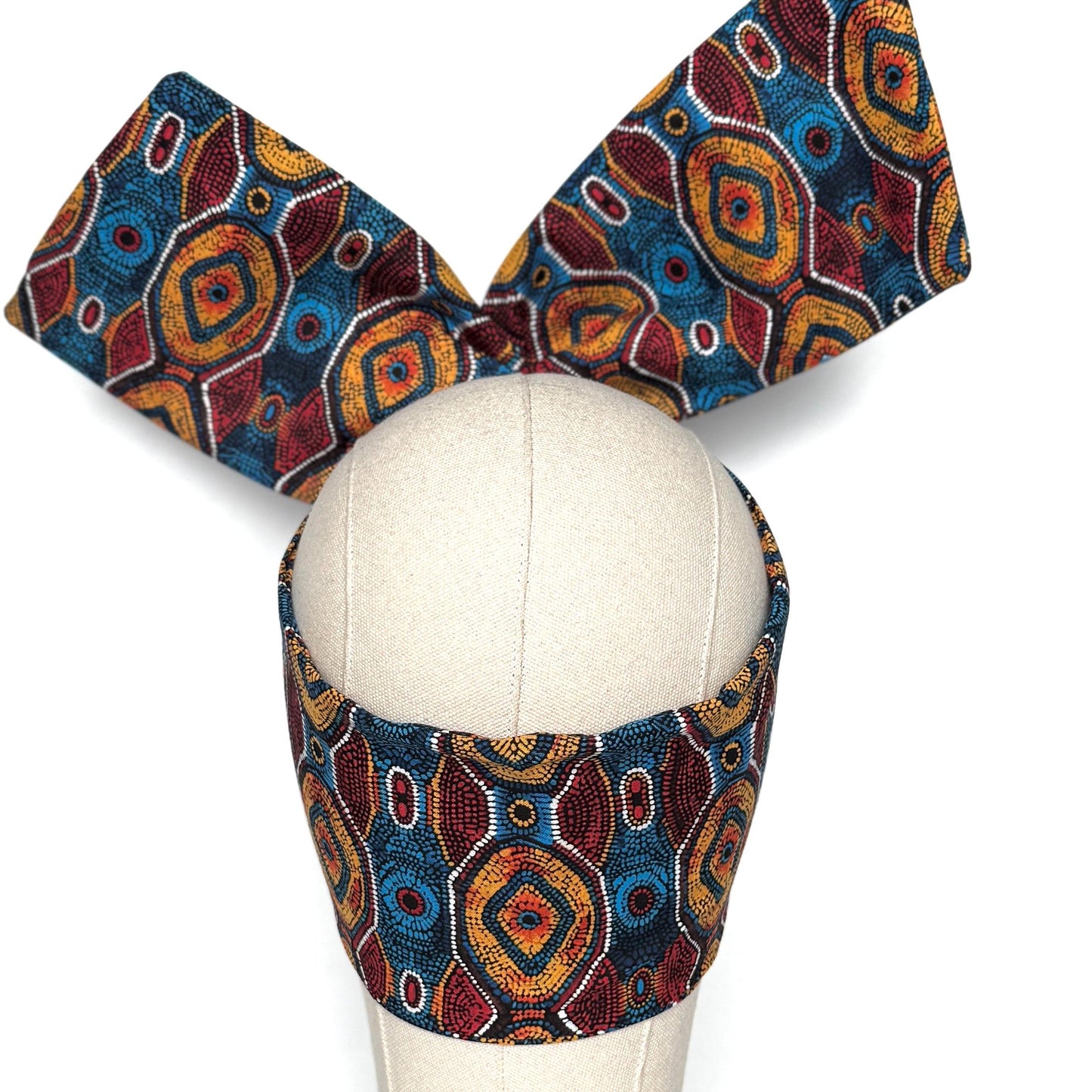 Extra Wide Adjustable Wire Headband, Red Blue Yellow Tribal Print, Boho Wired Headband, Fabric Head Wrap, Turban, Gift idea, Bendable Scarf