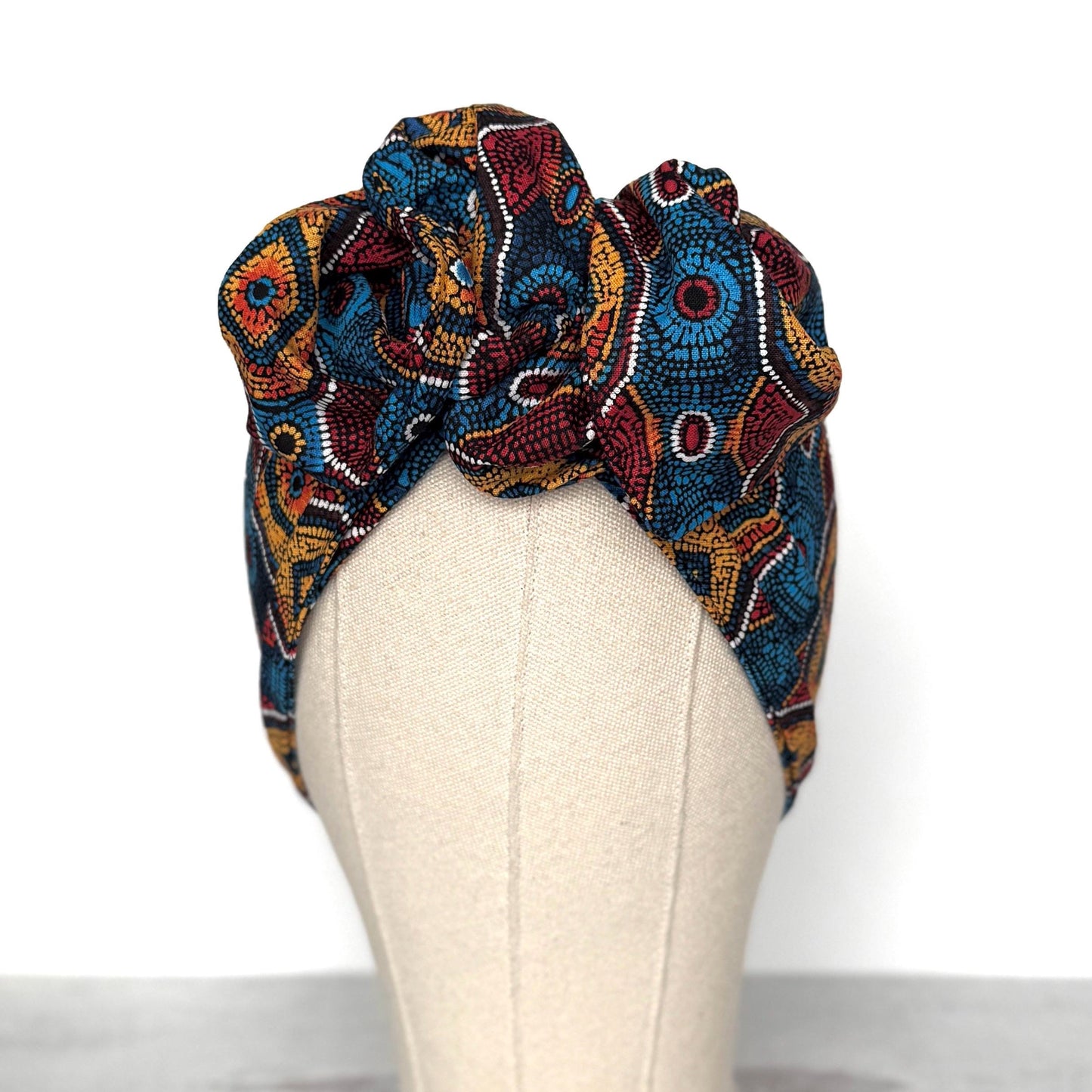 Extra Wide Adjustable Wire Headband, Red Blue Yellow Tribal Print, Boho Wired Headband, Fabric Head Wrap, Turban, Gift idea, Bendable Scarf