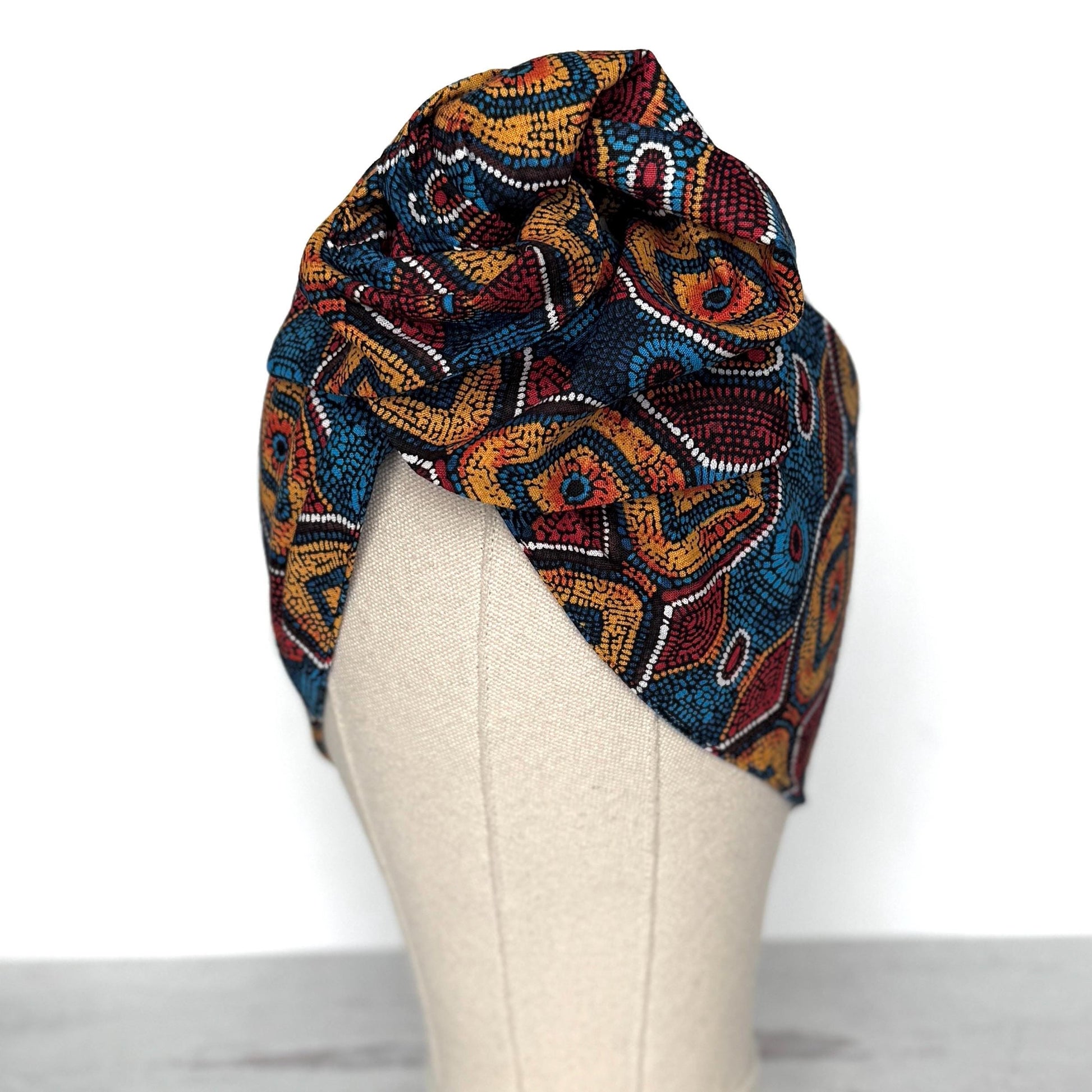 Extra Wide Adjustable Wire Headband, Red Blue Yellow Tribal Print, Boho Wired Headband, Fabric Head Wrap, Turban, Gift idea, Bendable Scarf