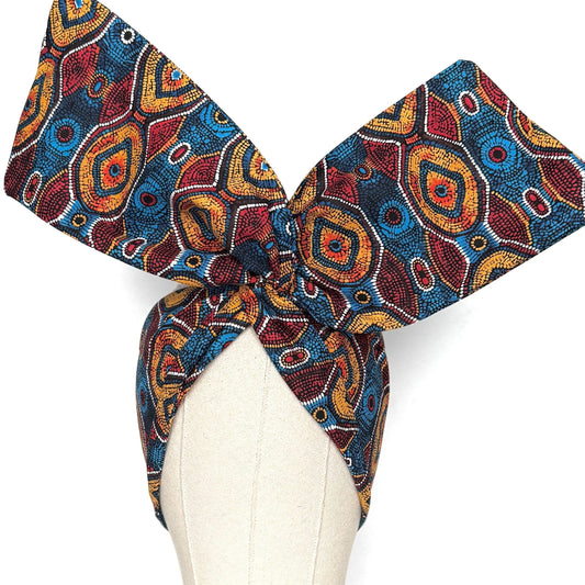 Extra Wide Adjustable Wire Headband, Red Blue Yellow Tribal Print, Boho Wired Headband, Fabric Head Wrap, Turban, Gift idea, Bendable Scarf