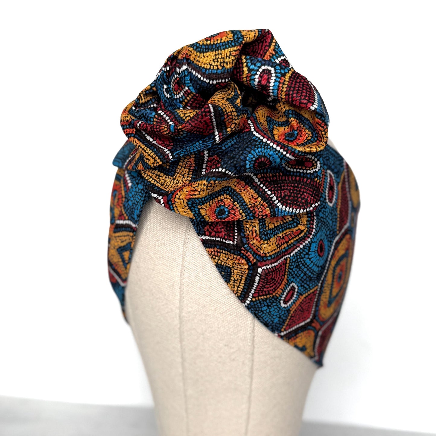 Extra Wide Adjustable Wire Headband, Red Blue Yellow Tribal Print, Boho Wired Headband, Fabric Head Wrap, Turban, Gift idea, Bendable Scarf