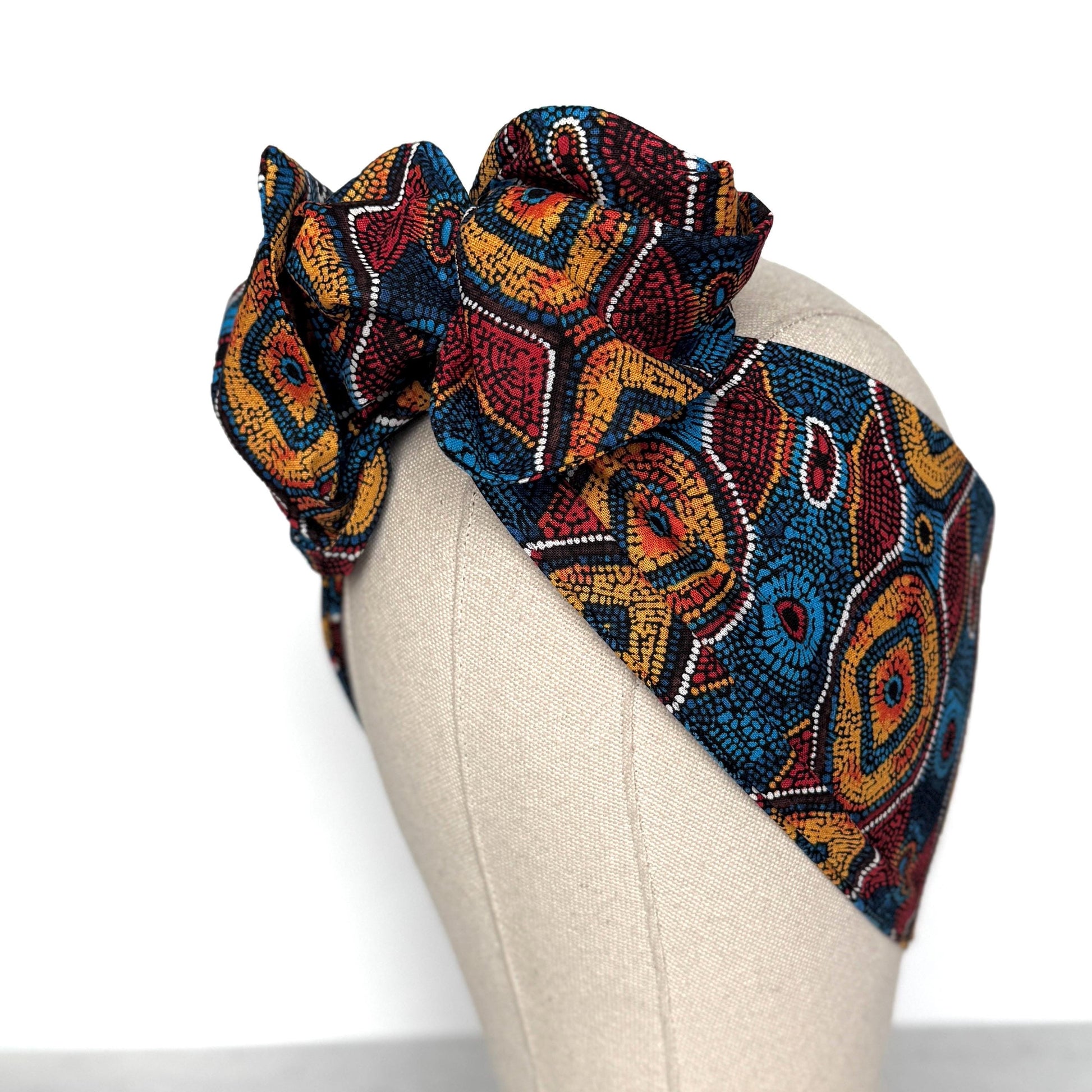 Extra Wide Adjustable Wire Headband, Red Blue Yellow Tribal Print, Boho Wired Headband, Fabric Head Wrap, Turban, Gift idea, Bendable Scarf