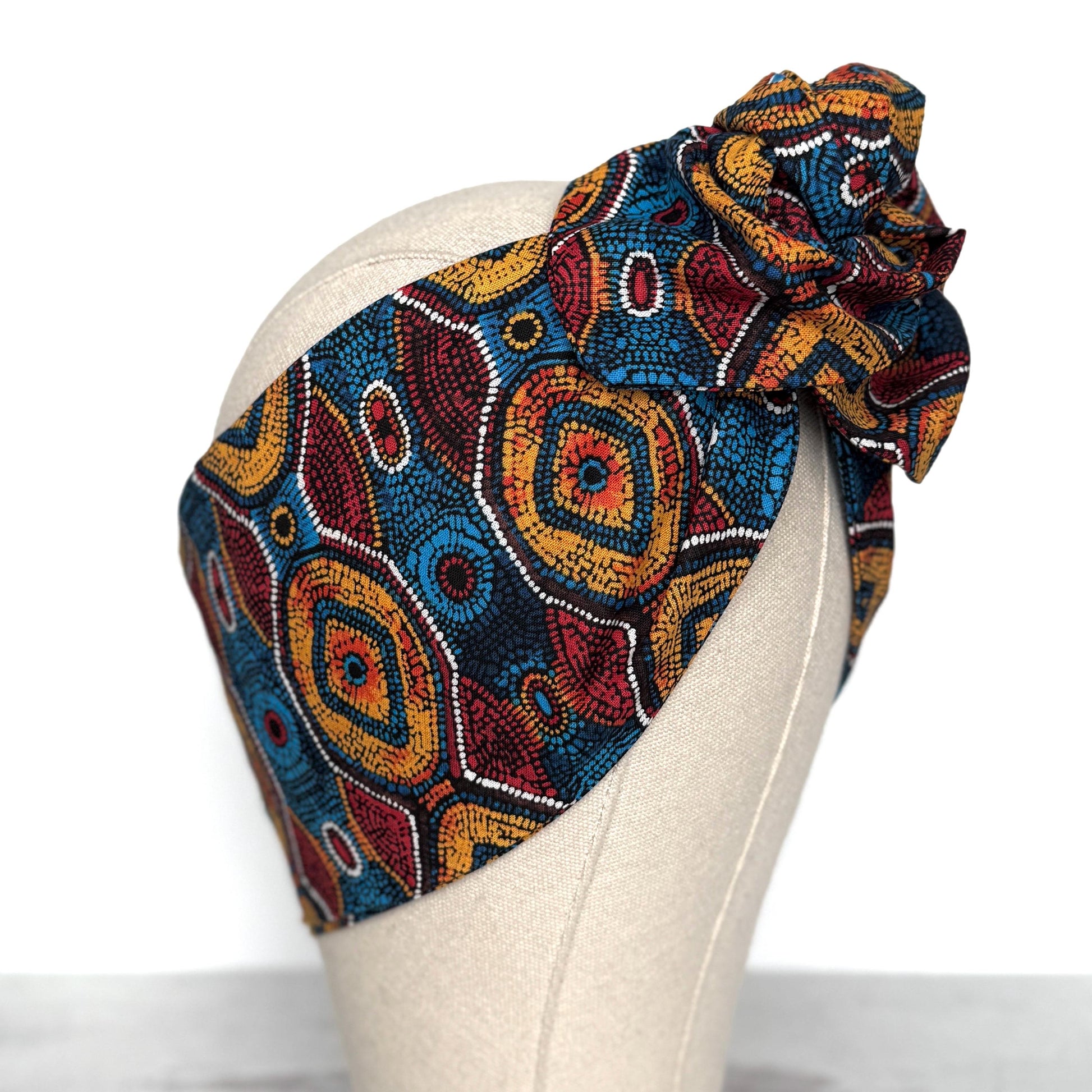 Extra Wide Adjustable Wire Headband, Red Blue Yellow Tribal Print, Boho Wired Headband, Fabric Head Wrap, Turban, Gift idea, Bendable Scarf