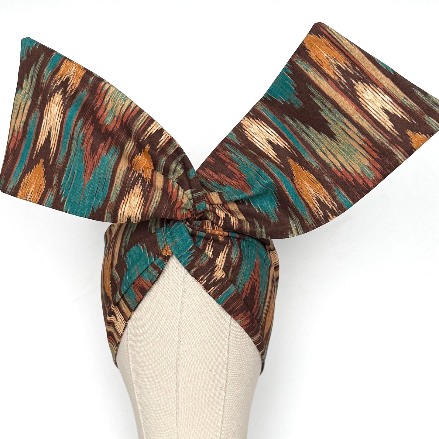 Extra Wide Adjustable Wire Headband, Brown Teal Fall Tribal Print, Boho Wired Headband, Fabric Head Wrap, Turban, Gift idea, Bendable Scarf