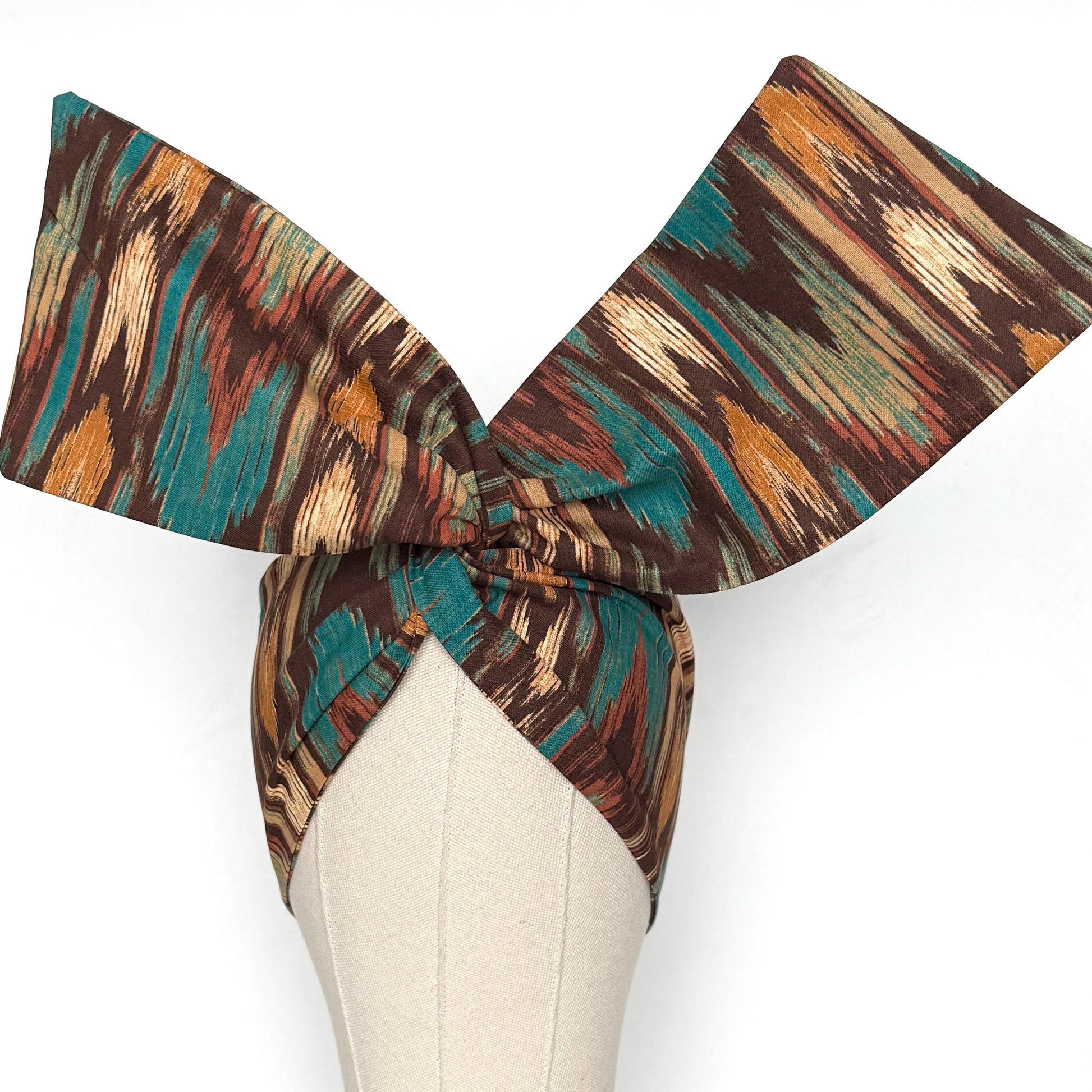 Extra Wide Adjustable Wire Headband, Brown Teal Fall Tribal Print, Boho Wired Headband, Fabric Head Wrap, Turban, Gift idea, Bendable Scarf