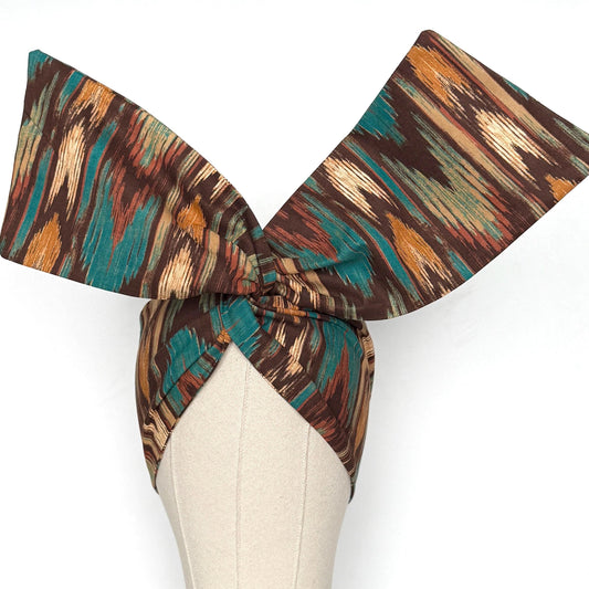 Extra Wide Adjustable Wire Headband, Brown Teal Fall Tribal Print, Boho Wired Headband, Fabric Head Wrap, Turban, Gift idea, Bendable Scarf