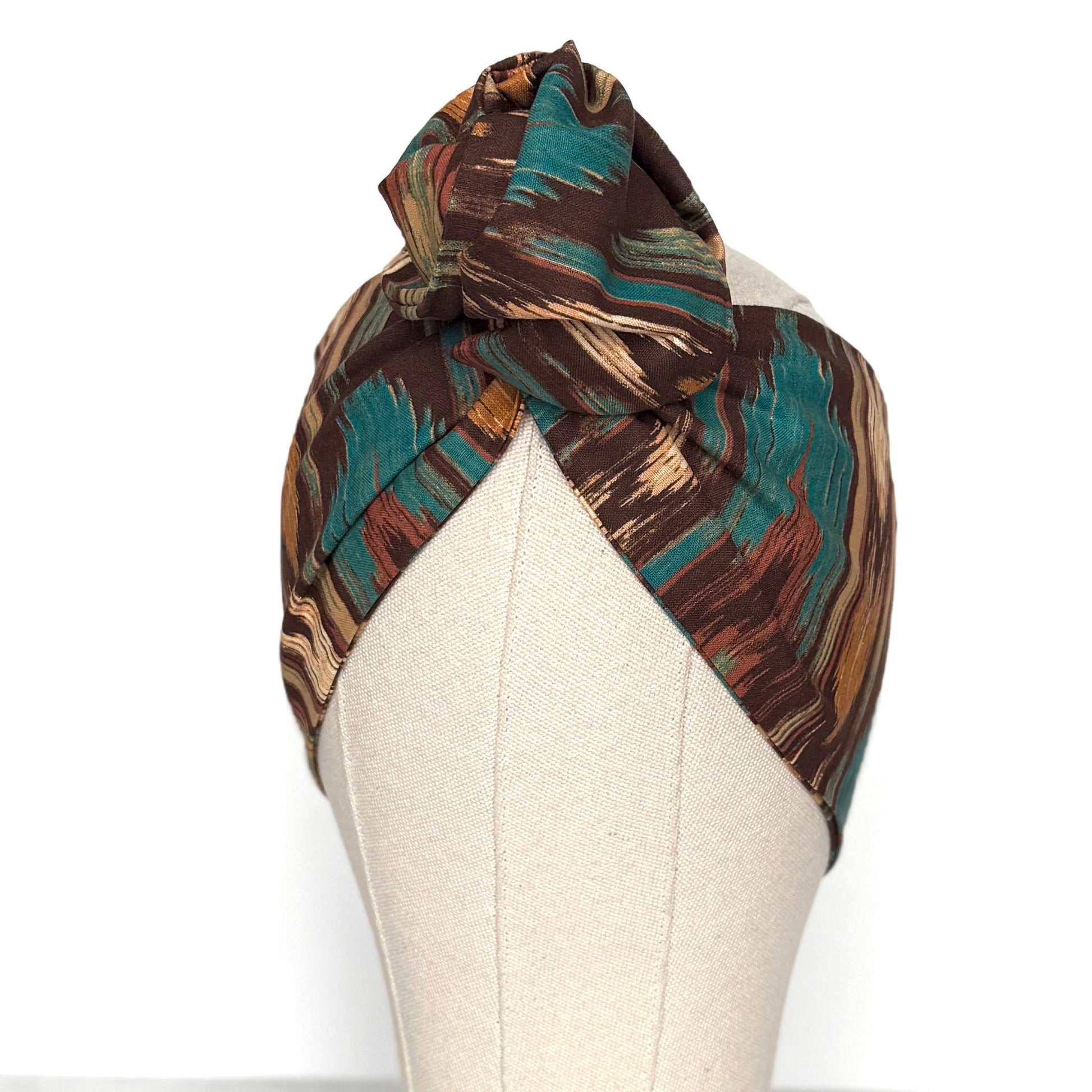 Extra Wide Adjustable Wire Headband, Brown Teal Fall Tribal Print, Boho Wired Headband, Fabric Head Wrap, Turban, Gift idea, Bendable Scarf