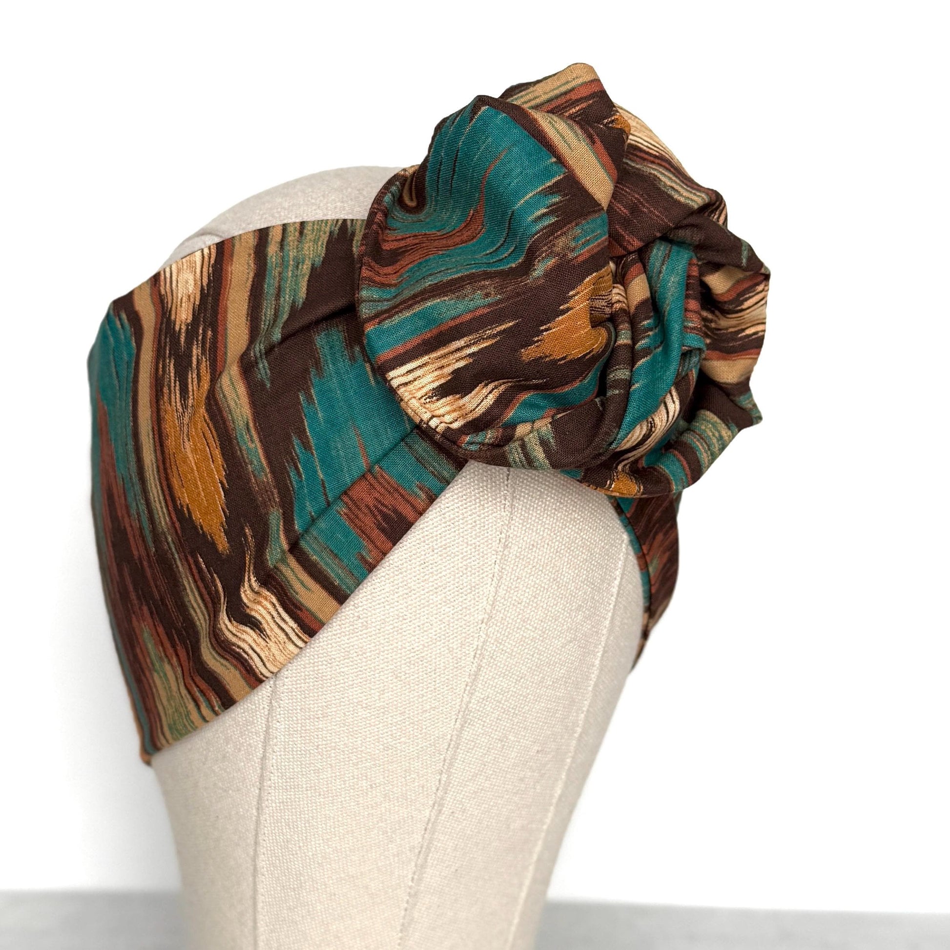 Extra Wide Adjustable Wire Headband, Brown Teal Fall Tribal Print, Boho Wired Headband, Fabric Head Wrap, Turban, Gift idea, Bendable Scarf