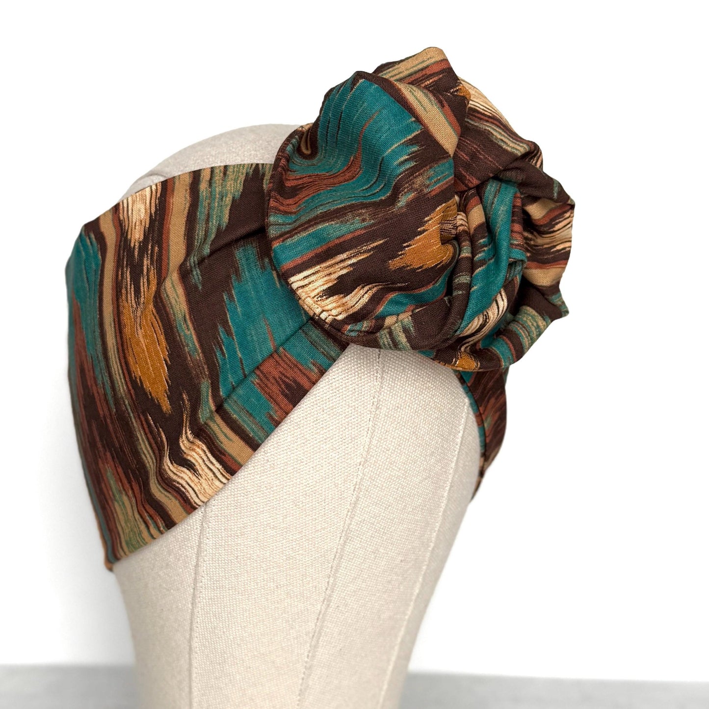Extra Wide Adjustable Wire Headband, Brown Teal Fall Tribal Print, Boho Wired Headband, Fabric Head Wrap, Turban, Gift idea, Bendable Scarf