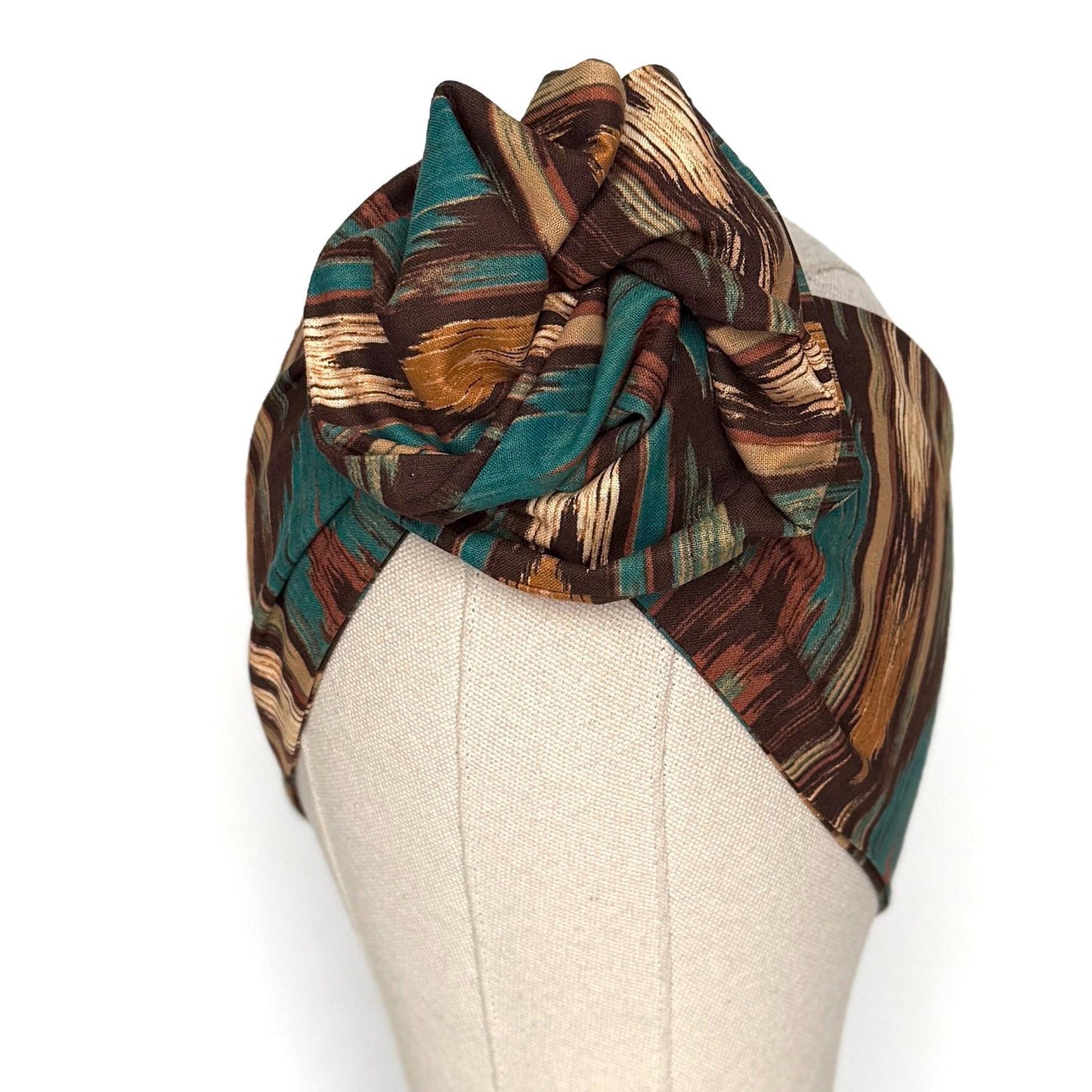 Extra Wide Adjustable Wire Headband, Brown Teal Fall Tribal Print, Boho Wired Headband, Fabric Head Wrap, Turban, Gift idea, Bendable Scarf