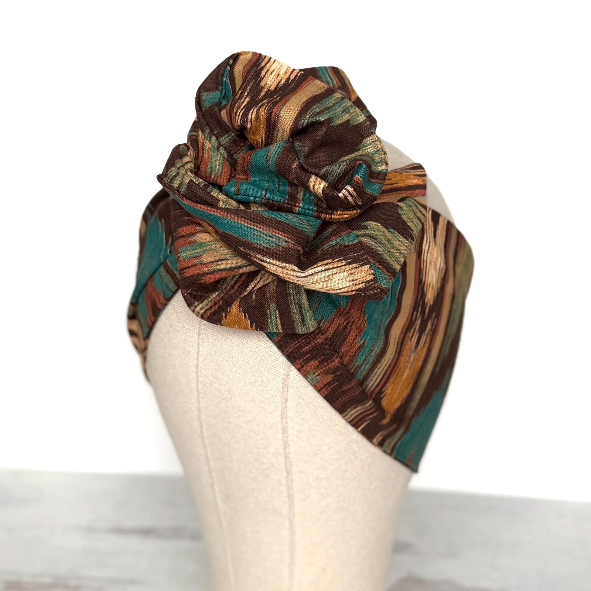 Extra Wide Adjustable Wire Headband, Brown Teal Fall Tribal Print, Boho Wired Headband, Fabric Head Wrap, Turban, Gift idea, Bendable Scarf