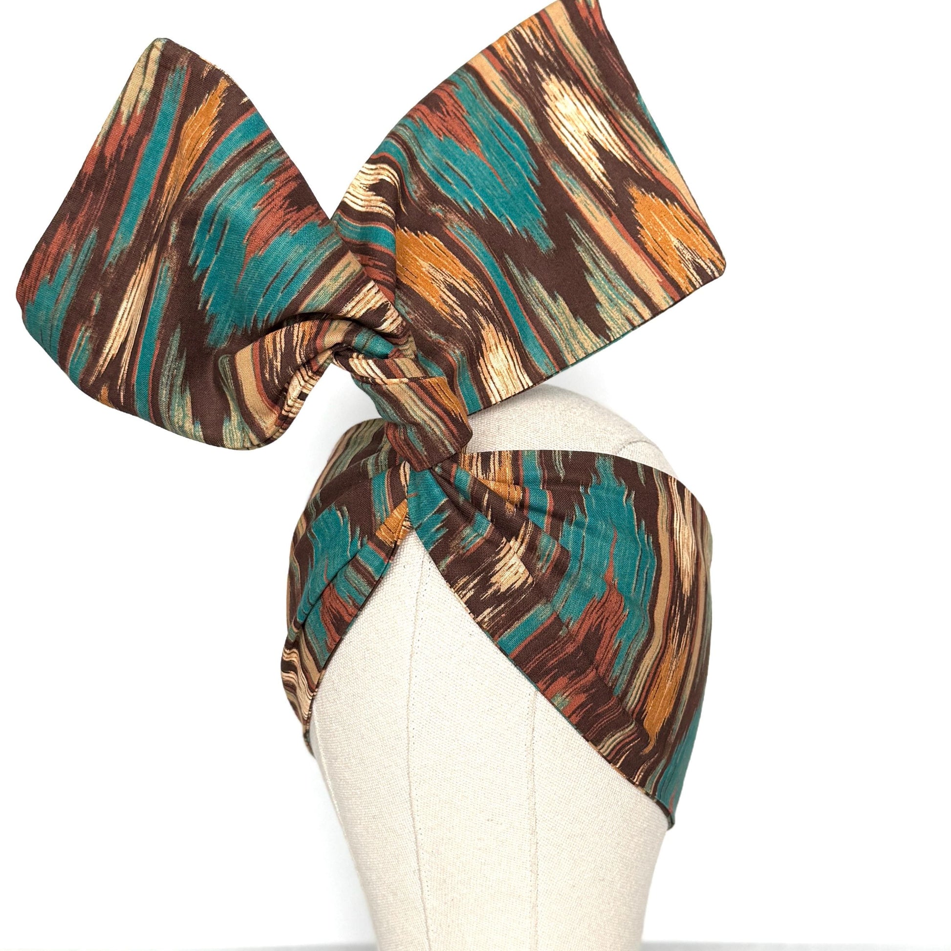 Extra Wide Adjustable Wire Headband, Brown Teal Fall Tribal Print, Boho Wired Headband, Fabric Head Wrap, Turban, Gift idea, Bendable Scarf