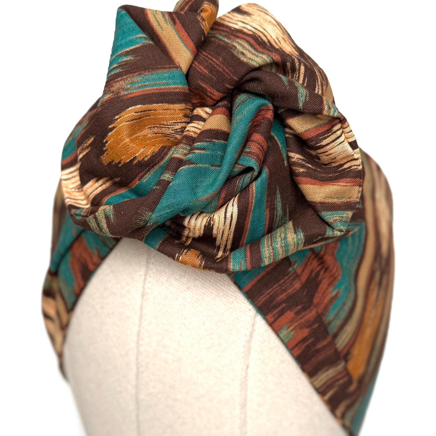 Extra Wide Adjustable Wire Headband, Brown Teal Fall Tribal Print, Boho Wired Headband, Fabric Head Wrap, Turban, Gift idea, Bendable Scarf