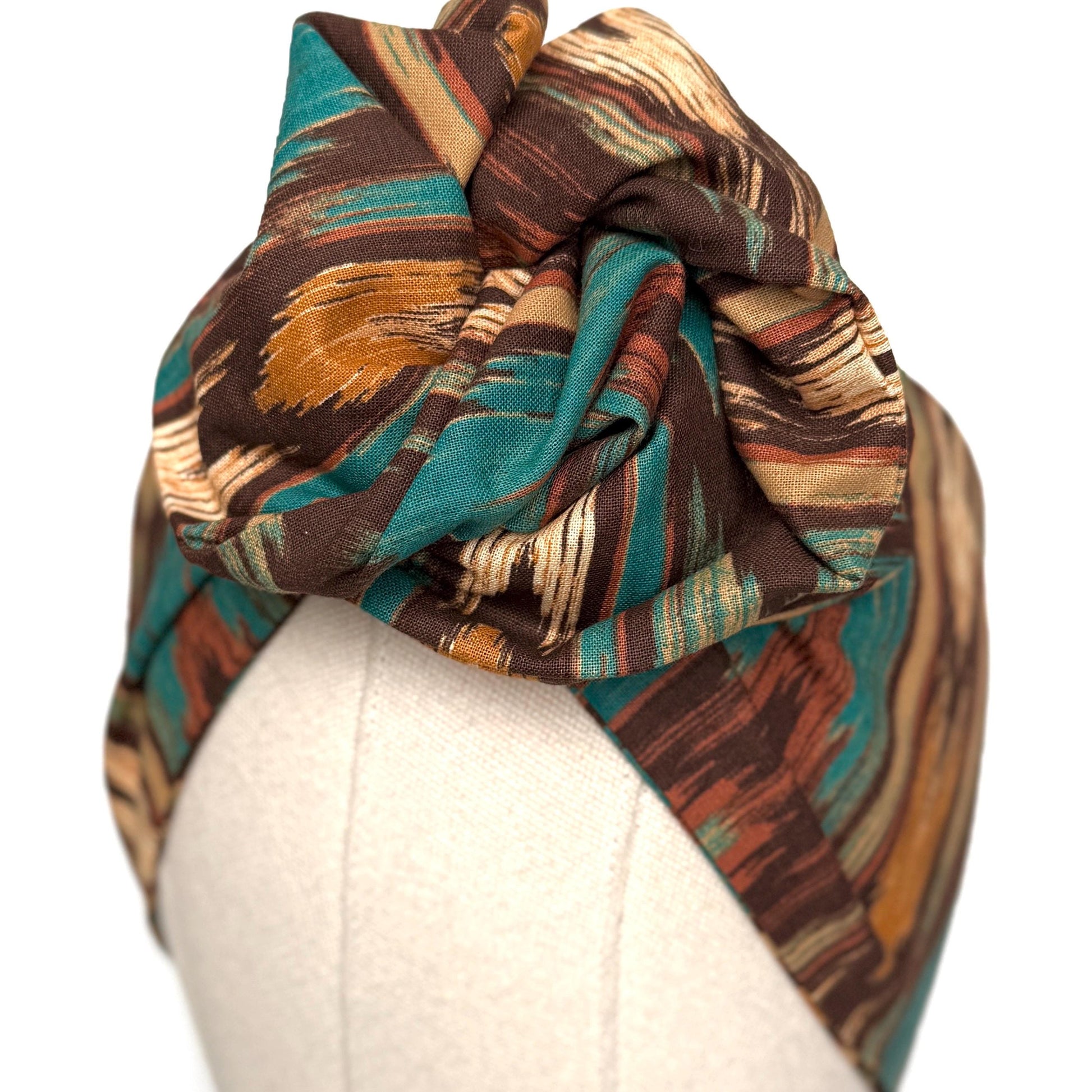 Extra Wide Adjustable Wire Headband, Brown Teal Fall Tribal Print, Boho Wired Headband, Fabric Head Wrap, Turban, Gift idea, Bendable Scarf