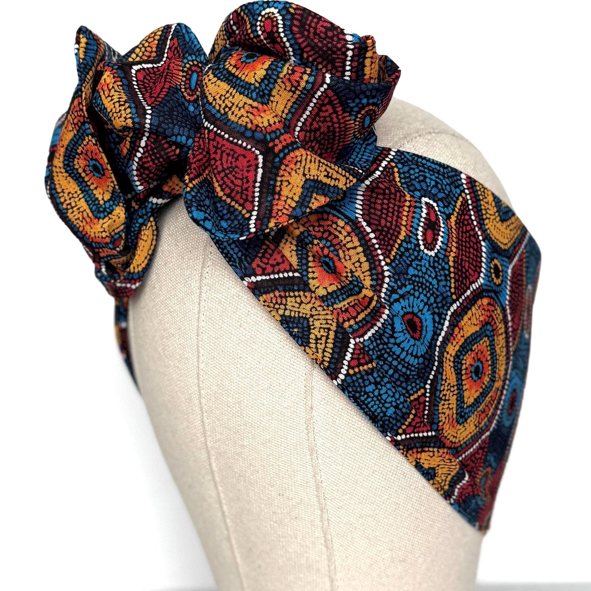 Extra Wide Adjustable Wire Headband, Red Blue Yellow Tribal Print, Boho Wired Headband, Fabric Head Wrap, Turban, Gift idea, Bendable Scarf