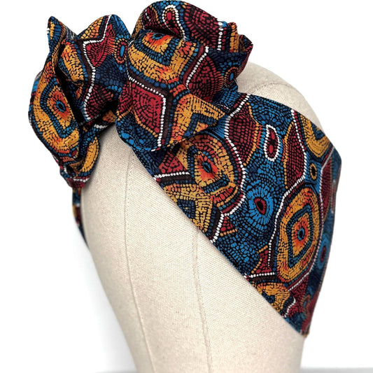 Extra Wide Adjustable Wire Headband, Red Blue Yellow Tribal Print, Boho Wired Headband, Fabric Head Wrap, Turban, Gift idea, Bendable Scarf