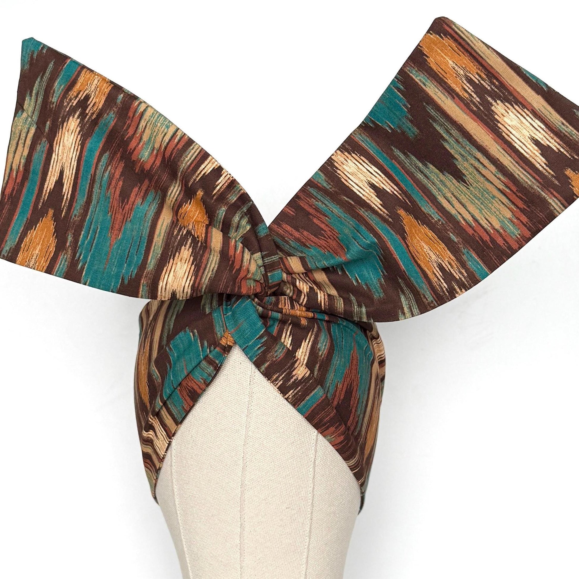 Extra Wide Adjustable Wire Headband, Brown Teal Fall Tribal Print, Boho Wired Headband, Fabric Head Wrap, Turban, Gift idea, Bendable Scarf