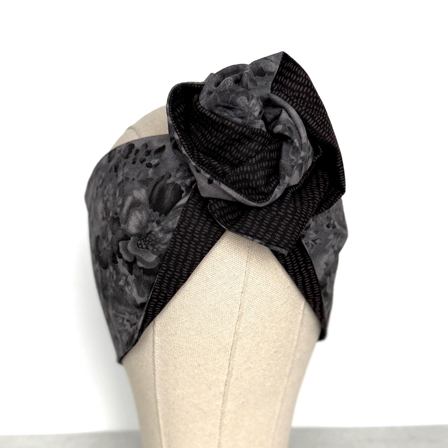 Extra Wide Reversible BENDABLE Wire Headband, Elegant Black Grey Floral Print, Winter Wired Head Wrap, Turban Accessories, Head Scarf