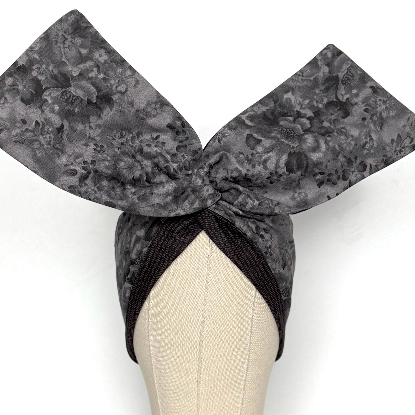 Extra Wide Reversible BENDABLE Wire Headband, Elegant Black Grey Floral Print, Winter Wired Head Wrap, Turban Accessories, Head Scarf
