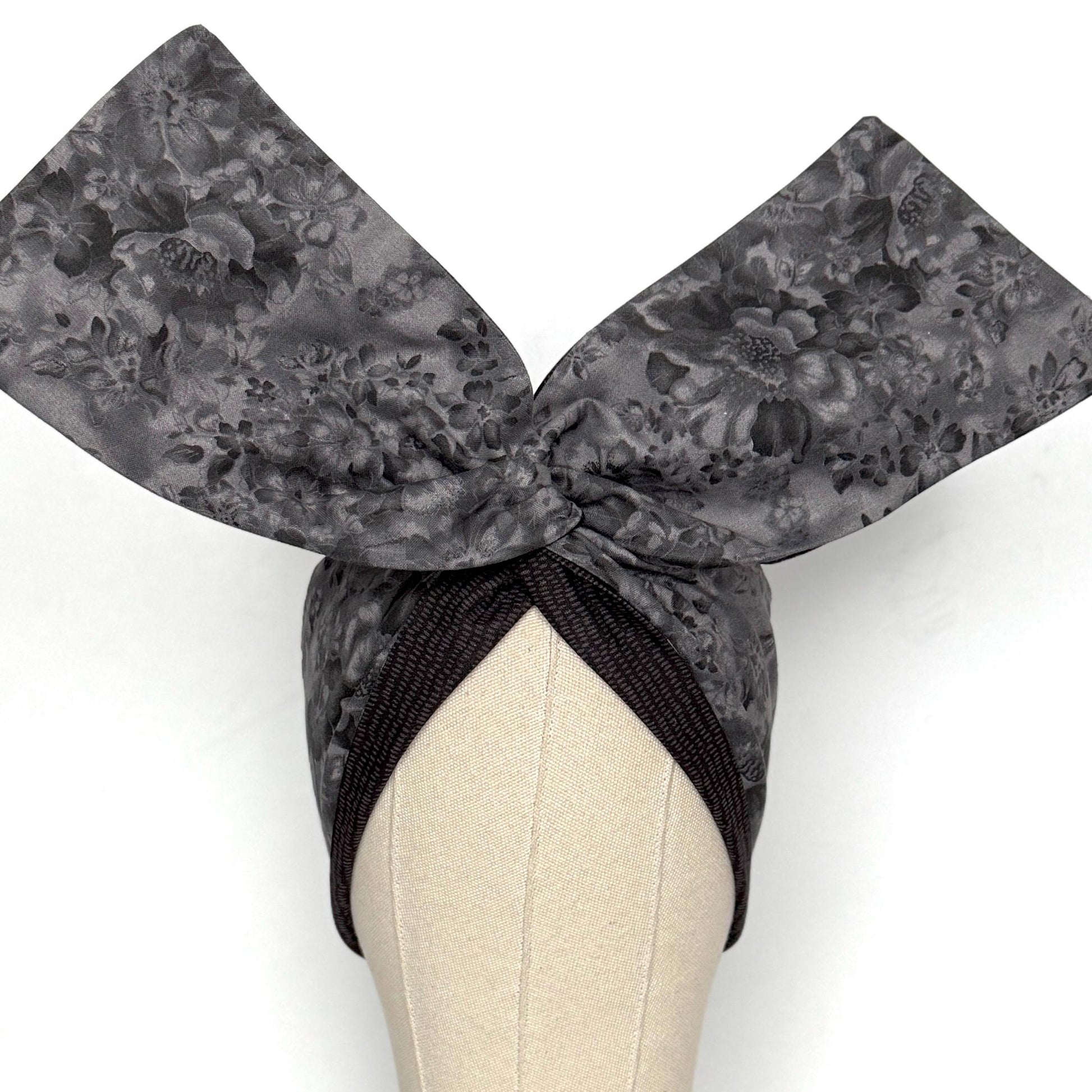 Extra Wide Reversible BENDABLE Wire Headband, Elegant Black Grey Floral Print, Winter Wired Head Wrap, Turban Accessories, Head Scarf