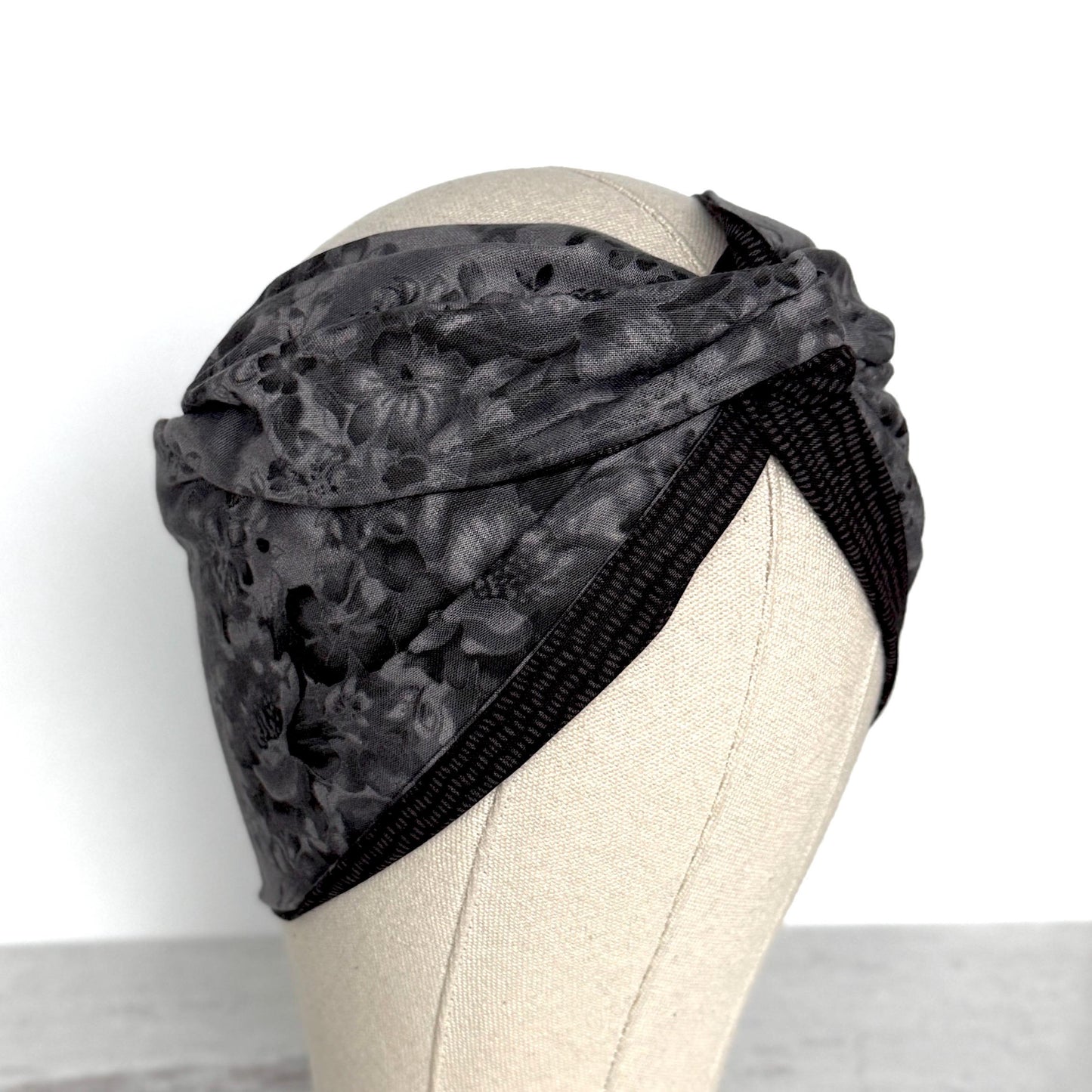 Extra Wide Reversible BENDABLE Wire Headband, Elegant Black Grey Floral Print, Winter Wired Head Wrap, Turban Accessories, Head Scarf